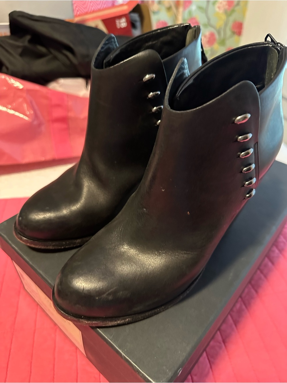 rag & bone Ayle Black Leather Ankle Booties with Side Button Detail